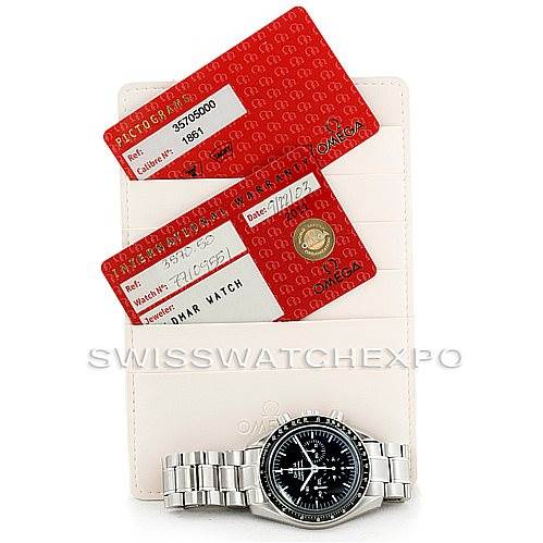 The image shows the front view of an Omega Speedmaster 3570.50.00 Men's Stainless Steel Black Dial 3570.50.00 Men's Stainless Steel Black Dial watch along with its warranty cards and cardholder.