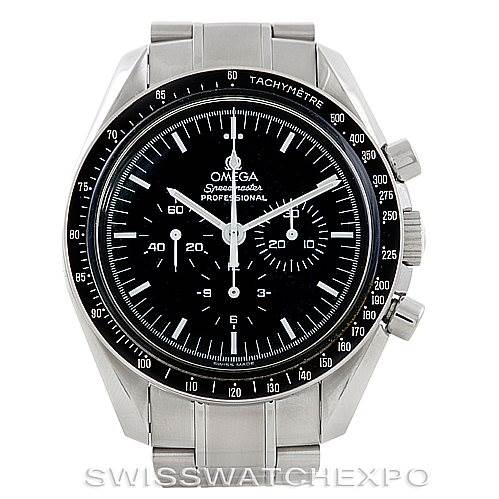The image shows a front view of an Omega Speedmaster 3570.50.00 Men's Stainless Steel Black Dial 3570.50.00 Men's Stainless Steel Black Dial Professional watch with a black dial and stainless steel bracelet.