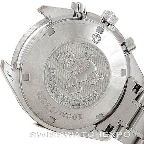 The image shows the back case and partial bracelet of the Omega Speedmaster 3222.80.00 Men
s Stainless Steel Blue Dial 3222.80.00 Men
s Stainless Steel Blue Dial watch, displaying its logo and water resistance details.