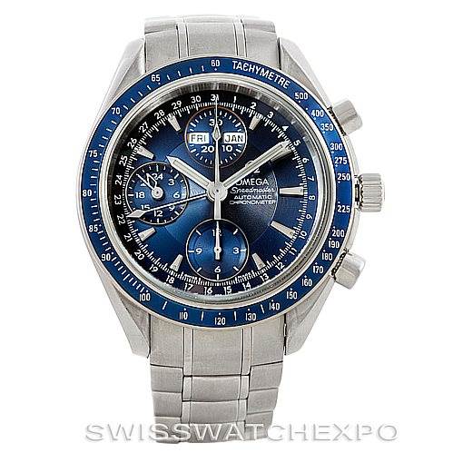 The image shows a front view of an Omega Speedmaster 3222.80.00 Men
s Stainless Steel Blue Dial 3222.80.00 Men
s Stainless Steel Blue Dial watch, displaying its blue dial, chronograph subdials, and stainless steel bracelet.