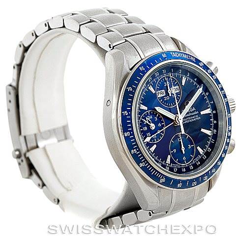This image shows a side profile and partial front view of an Omega Speedmaster 3222.80.00 Men
s Stainless Steel Blue Dial 3222.80.00 Men
s Stainless Steel Blue Dial watch, highlighting the bracelet and blue tachymeter bezel.