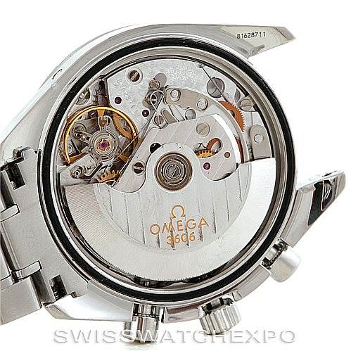 The image shows the movement and internal components of an Omega Speedmaster 3222.80.00 Men
s Stainless Steel Blue Dial 3222.80.00 Men
s Stainless Steel Blue Dial watch from the back view.