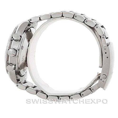 The image shows the side view of an Omega Speedmaster 3222.80.00 Men
s Stainless Steel Blue Dial 3222.80.00 Men
s Stainless Steel Blue Dial watch, highlighting its metal bracelet and side buttons.