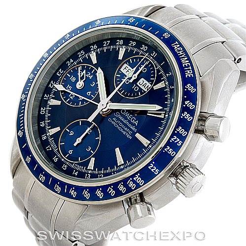 This image shows an angled view of an Omega Speedmaster 3222.80.00 Men
s Stainless Steel Blue Dial 3222.80.00 Men
s Stainless Steel Blue Dial watch, highlighting the face, bezel, crown, and part of the bracelet.