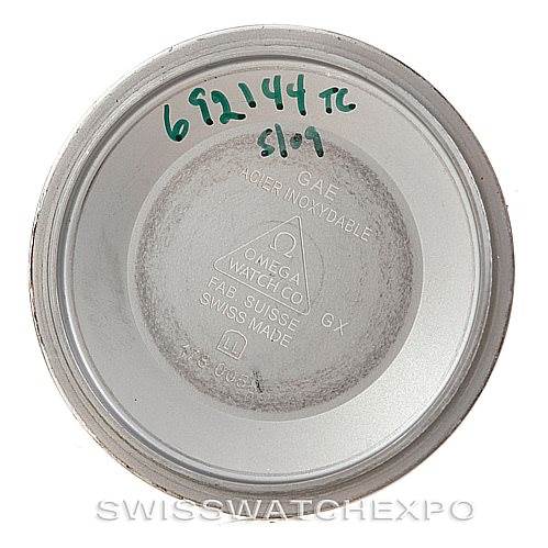 This image shows the inner side of the case back of an Omega Speedmaster 3222.80.00 Men
s Stainless Steel Blue Dial 3222.80.00 Men
s Stainless Steel Blue Dial watch, featuring engravings and handwritten markings.