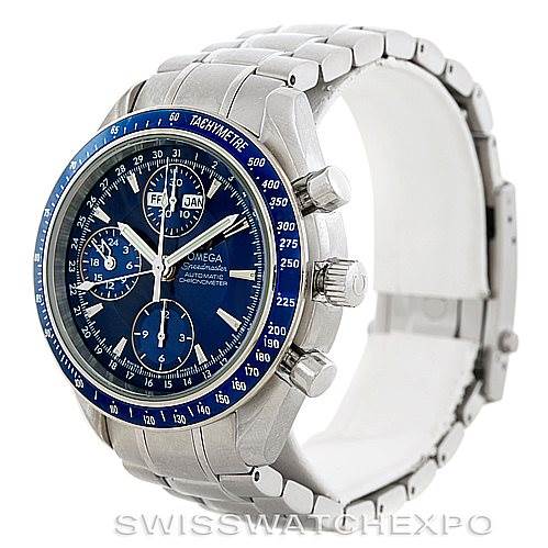 The Omega Speedmaster 3222.80.00 Men
s Stainless Steel Blue Dial 3222.80.00 Men
s Stainless Steel Blue Dial watch is shown at a front-side angle displaying the dial, crown, pushers, and metal bracelet.
