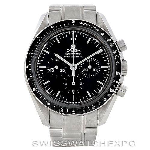The image shows a front view of an Omega Speedmaster 3573.50.00 Men
s Stainless Steel Black Dial 3573.50.00 Men
s Stainless Steel Black Dial watch, displaying the dial, bezel, chronograph sub-dials, and stainless steel bracelet.