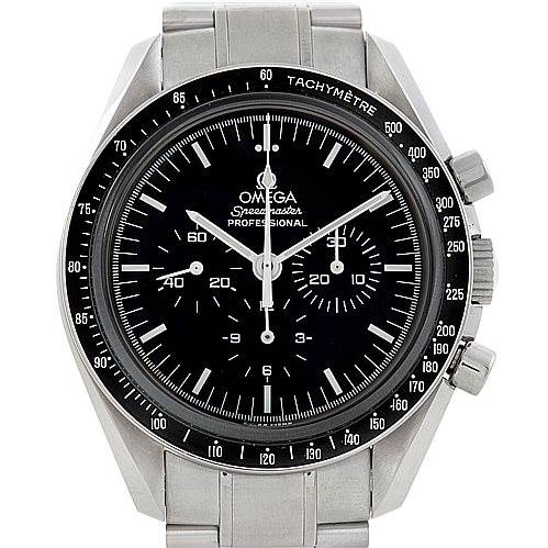 The image shows a front view of an Omega Speedmaster 3573.50.00 Men
s Stainless Steel Black Dial 3573.50.00 Men
s Stainless Steel Black Dial watch, highlighting its black dial, tachymeter bezel, and stainless steel bracelet.