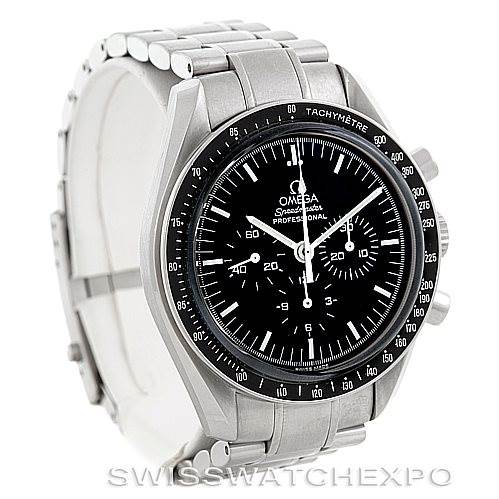 The image shows an Omega Speedmaster 3573.50.00 Men
s Stainless Steel Black Dial 3573.50.00 Men
s Stainless Steel Black Dial Professional watch from a front angle, highlighting the face, bezel, and part of the metal bracelet.