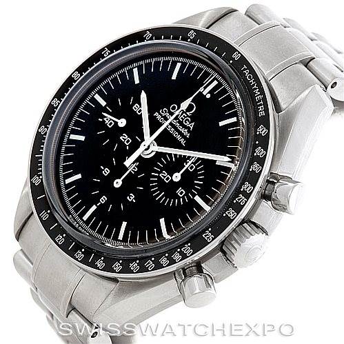 This image shows the front and side of a Speedmaster Omega watch, including the dial, chronograph buttons, and bracelet.