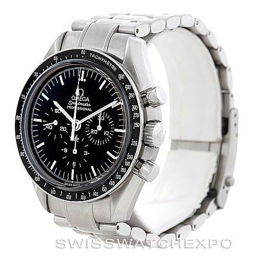 This image shows the Omega Speedmaster 3573.50.00 Men
s Stainless Steel Black Dial 3573.50.00 Men
s Stainless Steel Black Dial watch from a slight front-facing angle, highlighting the face, bezel, crown, and chronograph pushers.