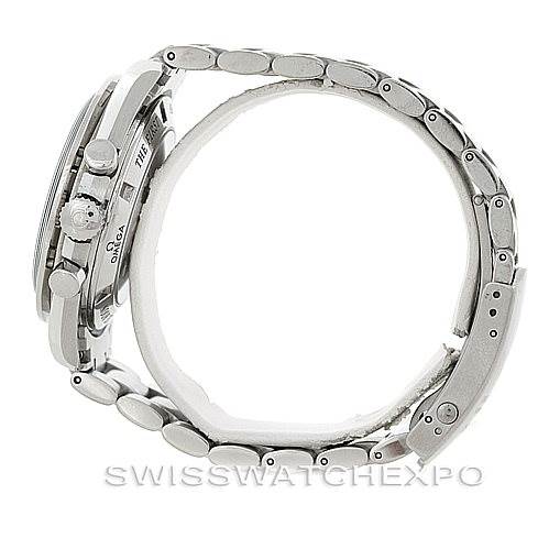 This image shows a side view of the Omega Speedmaster 3573.50.00 Men
s Stainless Steel Black Dial 3573.50.00 Men
s Stainless Steel Black Dial watch, focusing on the watch case, crown, pushers, and metal bracelet.
