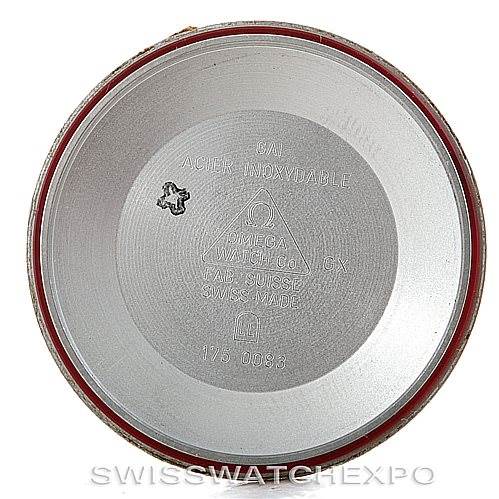 This image shows the inside case back of the Omega Speedmaster 3513.50.00 Men
s Stainless Steel Black Dial 3513.50.00 Men
s Stainless Steel Black Dial watch with inscriptions and markings.