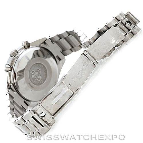 This image shows the back and clasp of an Omega Speedmaster 3513.50.00 Men
s Stainless Steel Black Dial 3513.50.00 Men
s Stainless Steel Black Dial watch, highlighting its metal bracelet and engraved case back.