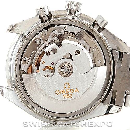 The image shows the open case back of an Omega Speedmaster 3513.50.00 Men
s Stainless Steel Black Dial 3513.50.00 Men
s Stainless Steel Black Dial, revealing its movement and internal mechanisms.