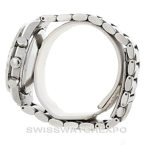 The angle shows a side view of the Omega Speedmaster 3513.50.00 Men
s Stainless Steel Black Dial 3513.50.00 Men
s Stainless Steel Black Dial, highlighting its crown, pushers, and metal bracelet.