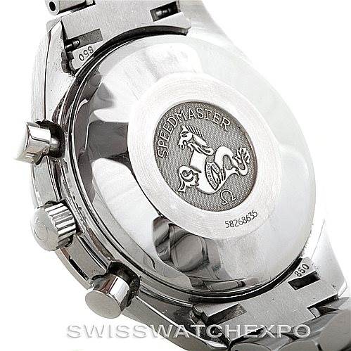 The image shows the case back and part of the bracelet of an Omega Speedmaster 3513.50.00 Men
s Stainless Steel Black Dial 3513.50.00 Men
s Stainless Steel Black Dial watch, viewed at a slight angle.