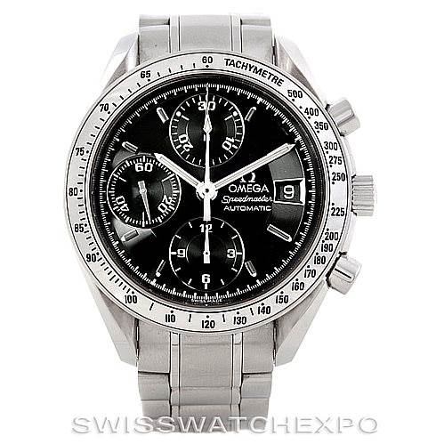 This is a front-facing view of an Omega Speedmaster 3513.50.00 Men
s Stainless Steel Black Dial 3513.50.00 Men
s Stainless Steel Black Dial watch, showcasing the dial, bezel, subdials, and bracelet.