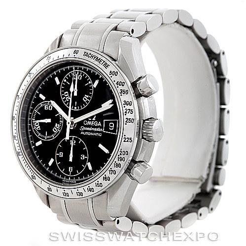 The image shows an Omega Speedmaster 3513.50.00 Men
s Stainless Steel Black Dial 3513.50.00 Men
s Stainless Steel Black Dial watch at a three-quarter angle, highlighting the bezel, dial, subdials, crown, and bracelet.
