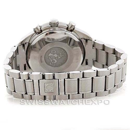 The image shows the back and bracelet of an Omega Speedmaster 3513.50.00 Men
s Stainless Steel Black Dial 3513.50.00 Men
s Stainless Steel Black Dial watch, highlighting its clasp and case back.