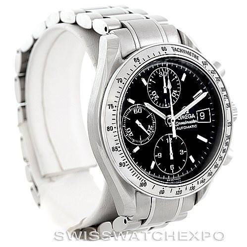 The image shows an Omega Speedmaster 3513.50.00 Men
s Stainless Steel Black Dial 3513.50.00 Men
s Stainless Steel Black Dial watch from an angled side view, highlighting the dial, bezel, and bracelet.