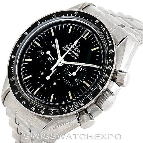 The Omega Speedmaster 3590.50.00 Men
s Stainless Steel Black Dial 3590.50.00 Men
s Stainless Steel Black Dial watch is shown at an angle highlighting the face, bezel, crown, pushers, and part of the stainless steel bracelet.