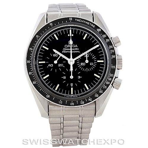 The image shows a front view of the Omega Speedmaster 3590.50.00 Men
s Stainless Steel Black Dial 3590.50.00 Men
s Stainless Steel Black Dial watch, focusing on the dial, bezel, and metal bracelet.