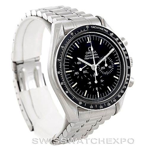 The image shows an Omega Speedmaster 3590.50.00 Men
s Stainless Steel Black Dial 3590.50.00 Men
s Stainless Steel Black Dial watch from a three-quarter angle, highlighting its face, bezel, and stainless steel bracelet.