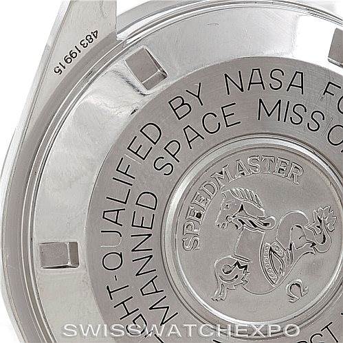 The image shows the back case of an Omega Speedmaster 3590.50.00 Men
s Stainless Steel Black Dial 3590.50.00 Men
s Stainless Steel Black Dial watch with engravings and the Speedmasters logo.