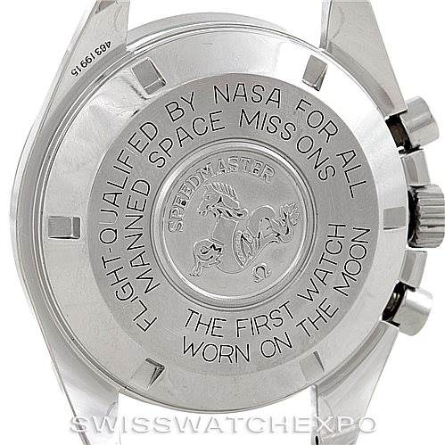 This image shows the back case and side of the Omega Speedmaster 3590.50.00 Men
s Stainless Steel Black Dial 3590.50.00 Men
s Stainless Steel Black Dial, including the engravings and part of the lugs and crown.