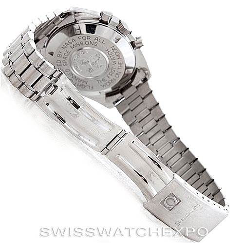 The image shows the back case and bracelet of an Omega Speedmaster 3590.50.00 Men
s Stainless Steel Black Dial 3590.50.00 Men
s Stainless Steel Black Dial watch at a tilted angle.