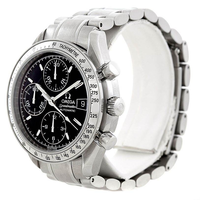 The image shows an Omega Speedmaster 3513.50.00 Men
s Stainless Steel Black Dial 3513.50.00 Men
s Stainless Steel Black Dial watch from a front-side angle, highlighting the dial, chronograph pushers, crown, and stainless steel bracelet.