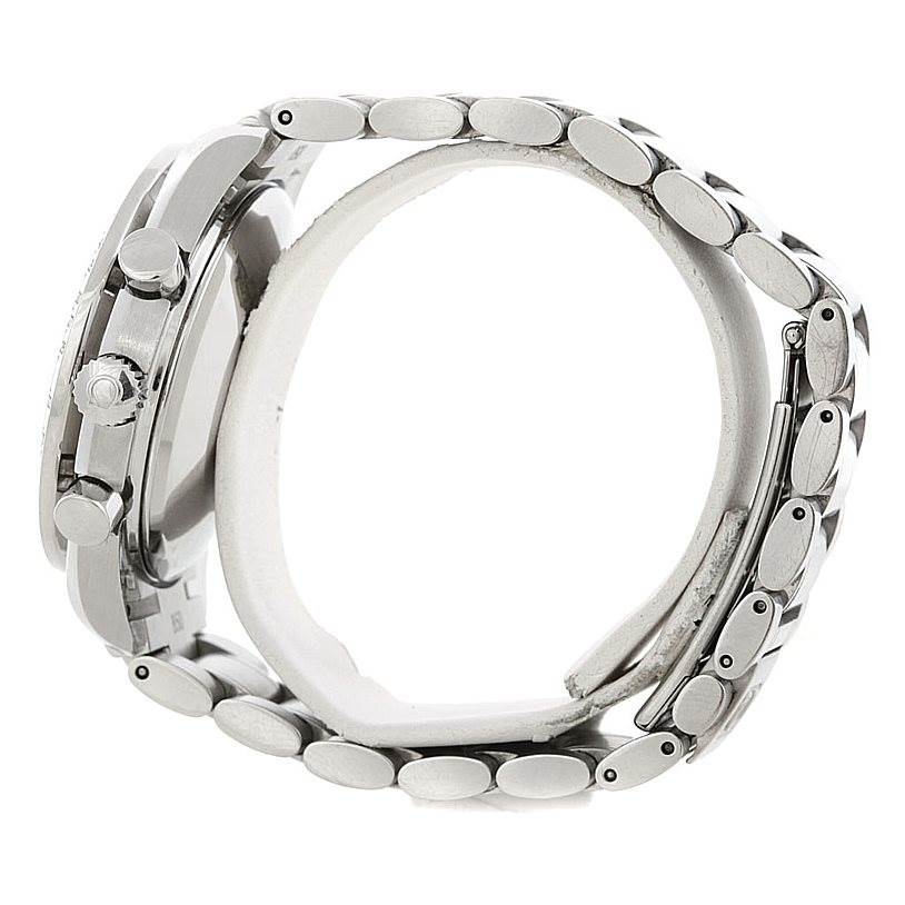 This image shows a side view of the Omega Speedmaster 3513.50.00 Men
s Stainless Steel Black Dial 3513.50.00 Men
s Stainless Steel Black Dial watch highlighting its bracelet, crown, and pushers.