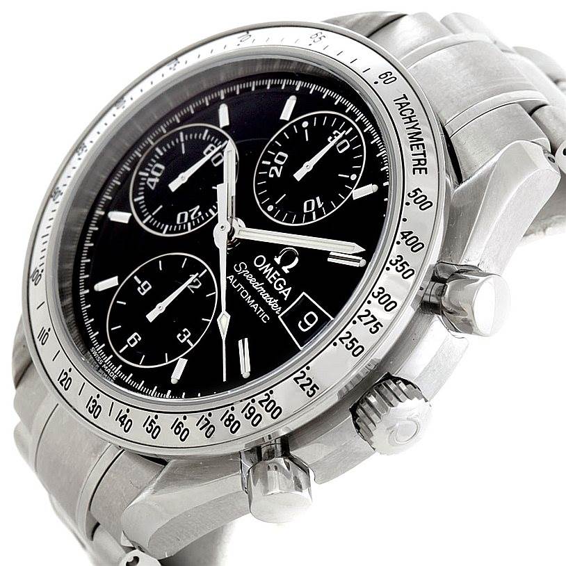 The image shows an angled view of the Omega Speedmaster 3513.50.00 Men
s Stainless Steel Black Dial 3513.50.00 Men
s Stainless Steel Black Dial watch, highlighting the dial, subdials, bezel, and stainless steel bracelet.