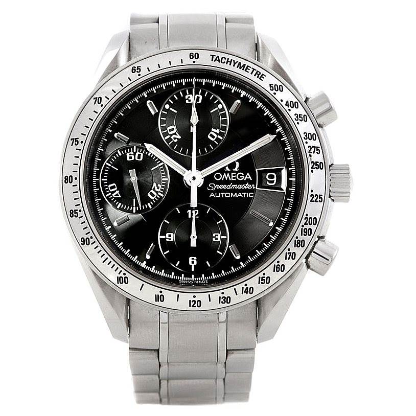 This image shows a front view of the Omega Speedmaster 3513.50.00 Men
s Stainless Steel Black Dial 3513.50.00 Men
s Stainless Steel Black Dial watch, highlighting the face, chronograph subdials, date window, and tachymeter bezel.