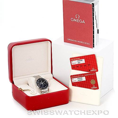 The Omega Speedmaster 3552.59.00 Men
s Stainless Steel Black Dial 3552.59.00 Men
s Stainless Steel Black Dial watch is shown in its box, alongside the operating instructions and warranty cards.