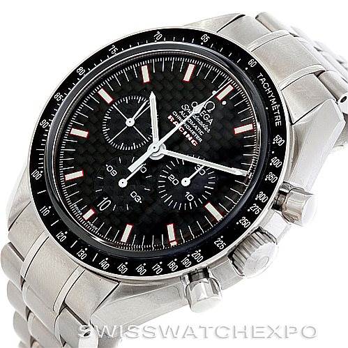 This image shows an Omega Speedmaster 3552.59.00 Men
s Stainless Steel Black Dial 3552.59.00 Men
s Stainless Steel Black Dial watch from an angled side view, displaying the bezel, dial, and bracelet.