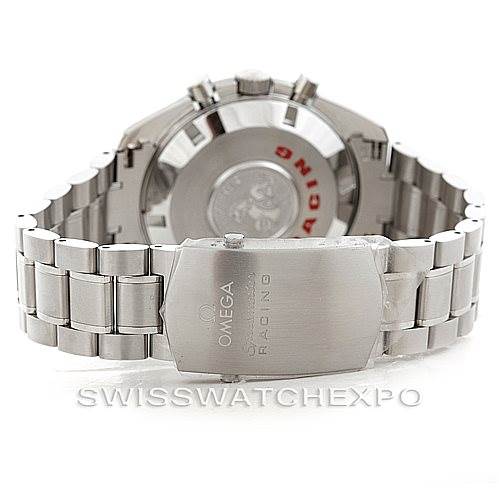 The image shows the back of an Omega Speedmaster 3552.59.00 Men
s Stainless Steel Black Dial 3552.59.00 Men
s Stainless Steel Black Dial watch, focusing on the closed clasp and metal bracelet.