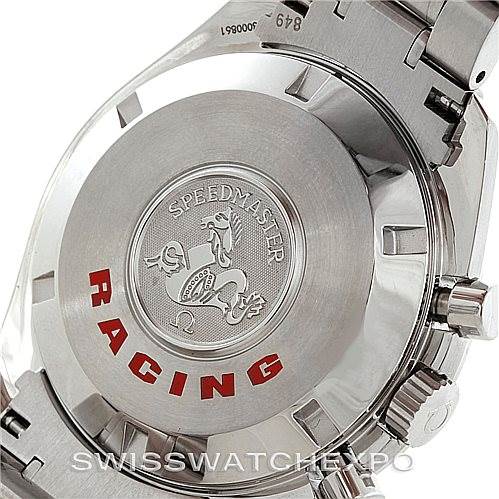 The image shows the case back of an Omega Speedmaster 3552.59.00 Men
s Stainless Steel Black Dial 3552.59.00 Men
s Stainless Steel Black Dial Racing watch, highlighting the engraved logo and red "RACING" text.
