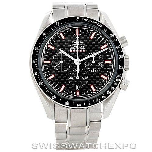 The image shows a frontal view of an Omega Speedmaster 3552.59.00 Men
s Stainless Steel Black Dial 3552.59.00 Men
s Stainless Steel Black Dial watch with a steel bracelet and a black tachymetre bezel.