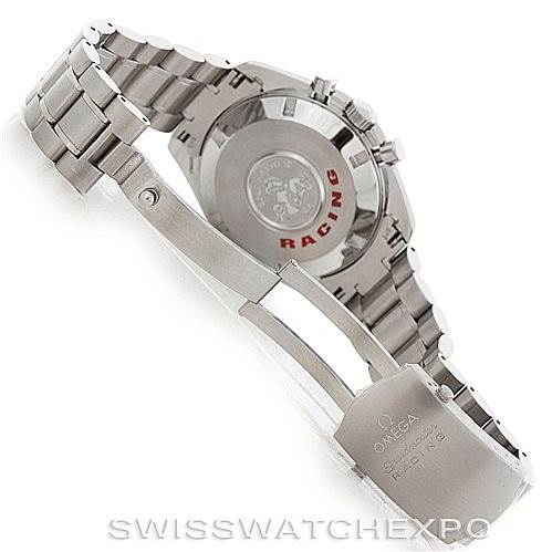 The image shows the back of the Omega Speedmaster 3552.59.00 Men
s Stainless Steel Black Dial 3552.59.00 Men
s Stainless Steel Black Dial watch and its opened clasp, showcasing the case back and part of the metal bracelet.