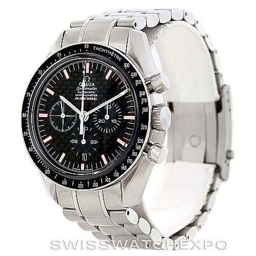 The Omega Speedmaster 3552.59.00 Men
s Stainless Steel Black Dial 3552.59.00 Men
s Stainless Steel Black Dial watch is shown at a front-right angle, detailing the face, bezel, crown, pushers, and bracelet.