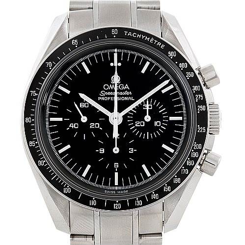 This image shows a front view of the Omega Speedmaster Men
s Stainless Steel Black Dial Men
s Stainless Steel Black Dial Professional watch, displaying the dial, markers, and tachymeter bezel.