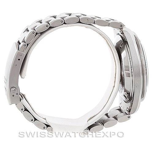 This image shows a side view of the Omega Speedmaster Men
s Stainless Steel Black Dial Men
s Stainless Steel Black Dial, highlighting the bracelet and case details.