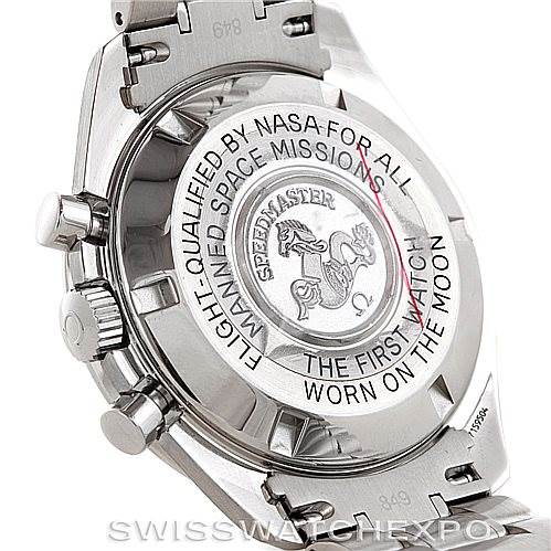 This is the back view of an Omega Speedmaster Men
s Stainless Steel Black Dial Men
s Stainless Steel Black Dial watch, showcasing the case back inscription and part of the bracelet.