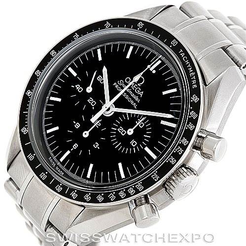 The image shows an Omega Speedmaster Men
s Stainless Steel Black Dial Men
s Stainless Steel Black Dial watch from an oblique angle, focusing on the black dial, bezel, pushers, and steel bracelet.