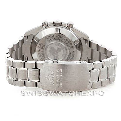 This image shows the back view of an Omega Speedmaster Men
s Stainless Steel Black Dial Men
s Stainless Steel Black Dial watch, focusing on the case back and metal bracelet.