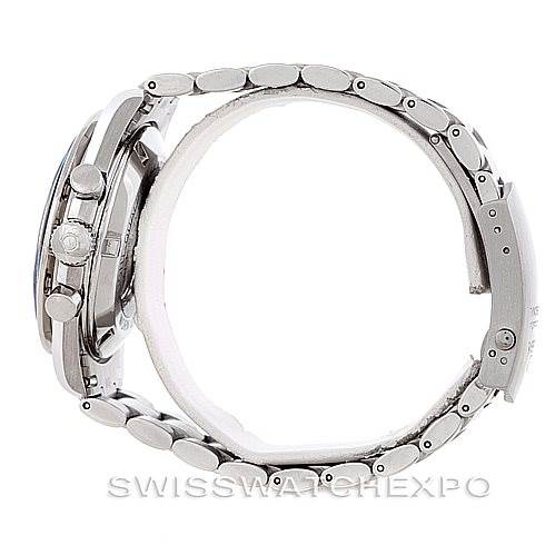 This image shows an Omega Speedmaster Men
s Stainless Steel Black Dial Men
s Stainless Steel Black Dial watch from a side view, displaying its metal bracelet, case, and crown.