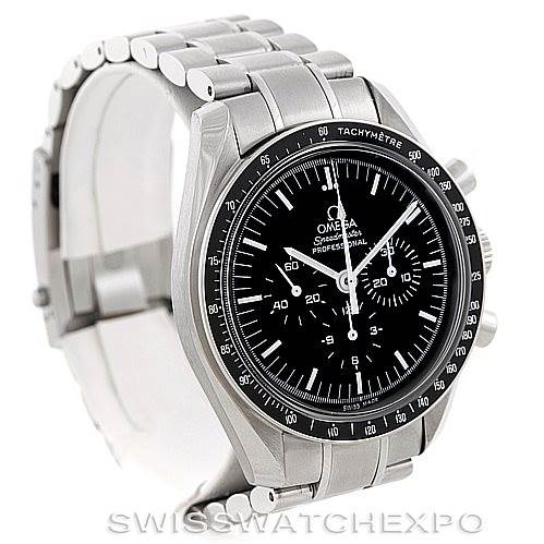 The image shows a side view of the Omega Speedmaster Men
s Stainless Steel Black Dial Men
s Stainless Steel Black Dial watch, displaying the dial, tachymeter bezel, and stainless steel bracelet.