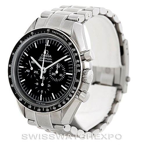 The Omega Speedmaster Men
s Stainless Steel Black Dial Men
s Stainless Steel Black Dial watch is shown at a slight angle, displaying the face, case, pushers, crown, and metal bracelet.
